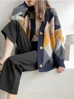 Plaid Chic Cardigans Button Puff Sleeve Checkered Oversized Women's Sweaters Winter Spring Sweater Tops - Image 2