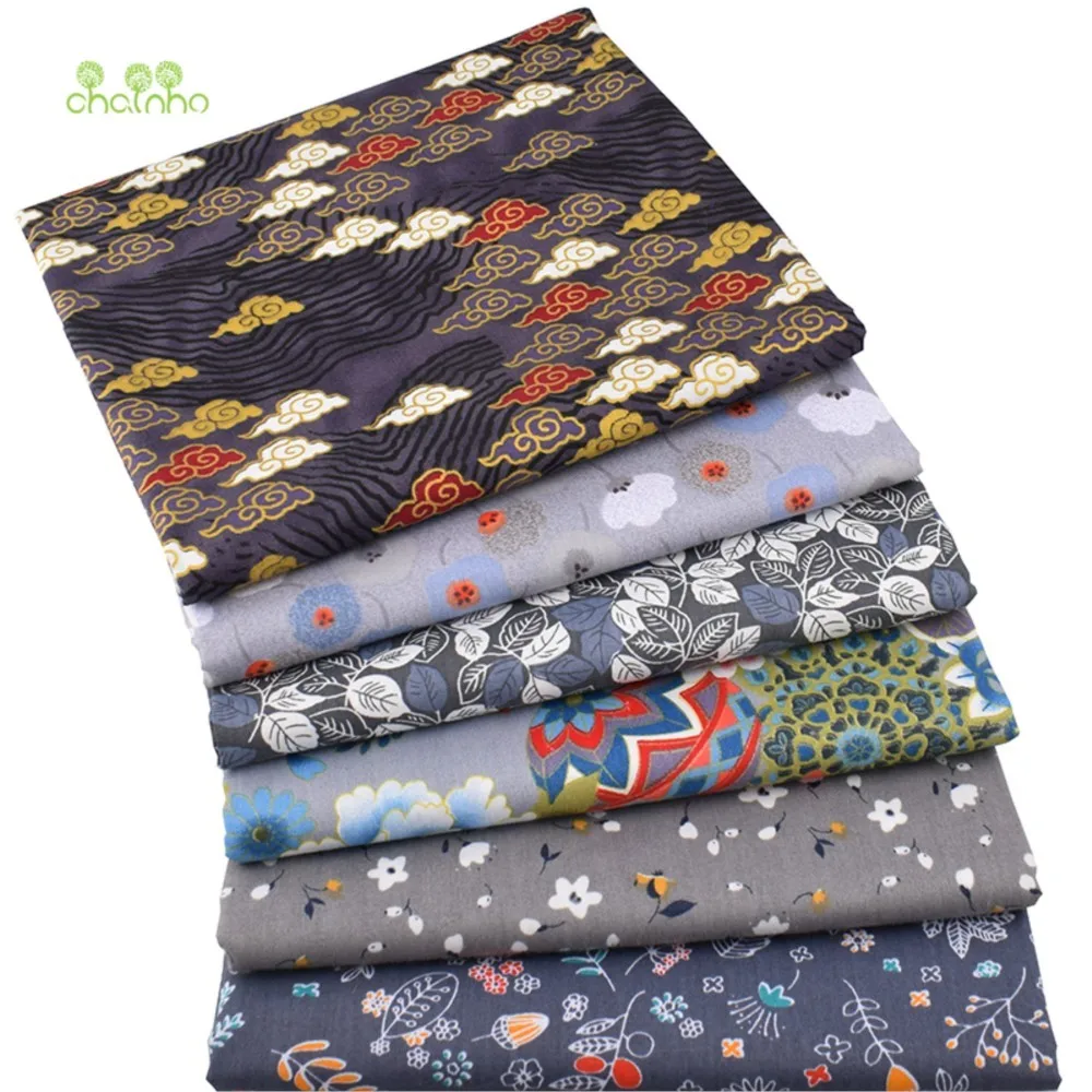 Chainho,Printed Twill Cotton Fabric,Patchwork Cloth,DIY Sewing Quilting Material,Dark Gray Floral Series,6 Designs,2 Sizes,15C9