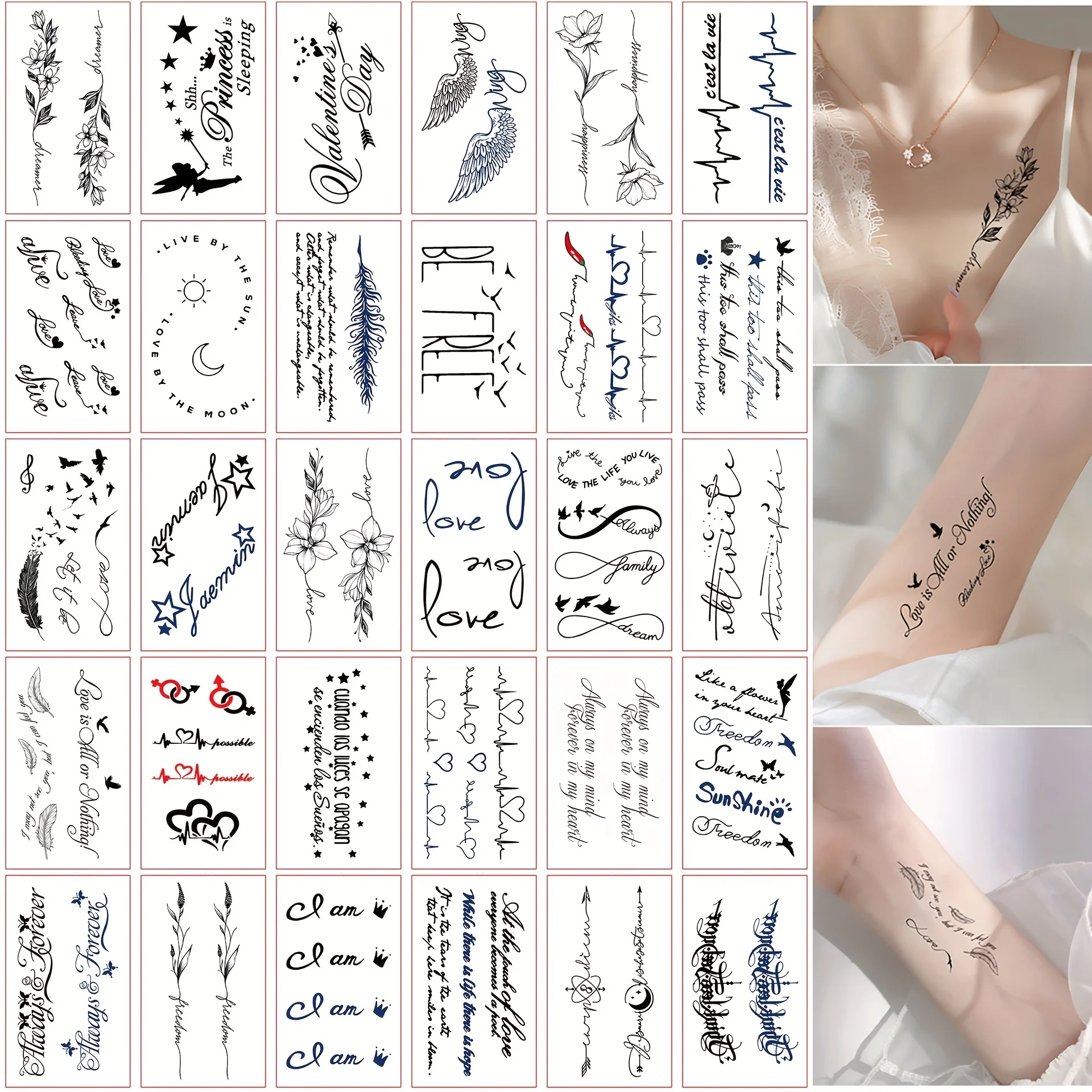 

30pcs Temporary Tattoos for Women Quotes Words Flower Crown Fake Tattoo Stickers Waterproof Realistic Arm Hand Face Finger Neck