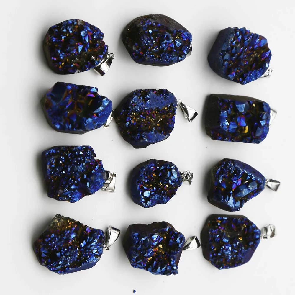 Natural Agate Raw Stone Electroplated Blue Crystal Cluster Irregular Pendant Charm Necklace Accessories Jewelry Wholesale 15Pcs
