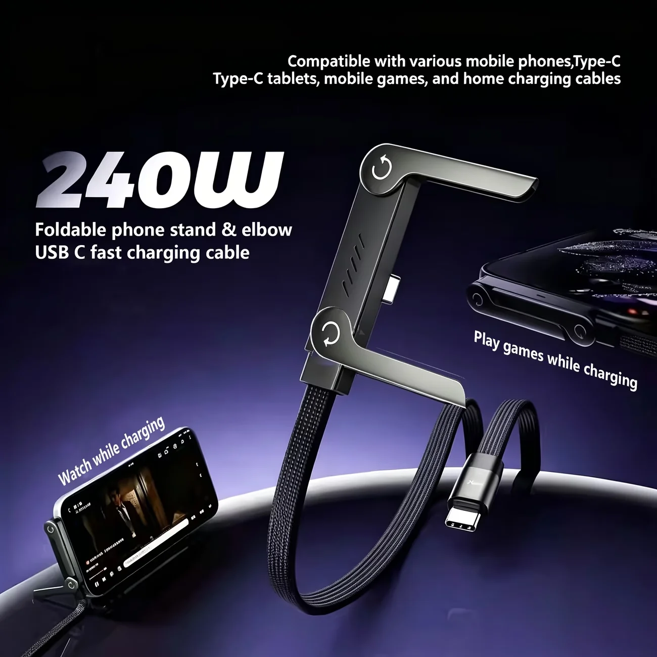 240W Fast Charging type-C to type-C Cable with Foldable Stand,Type-C Connectors, High-Speed Data Sync & Charging for Mobile 1