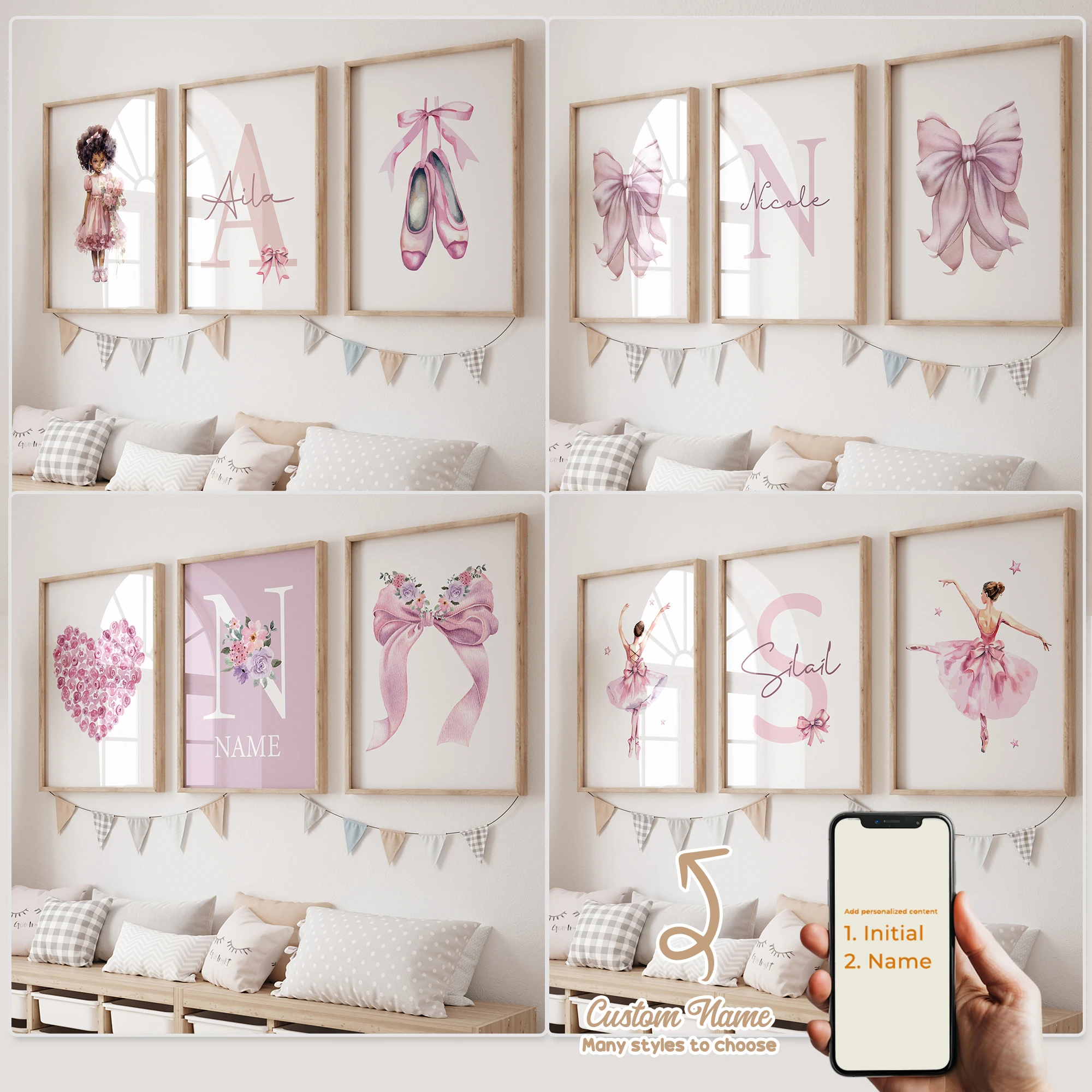 3pcs Personalized Custom Name Cartoon Child pink bow Wall Art Print Picture Canvas Poster Painting For Living Room Home Decor 1