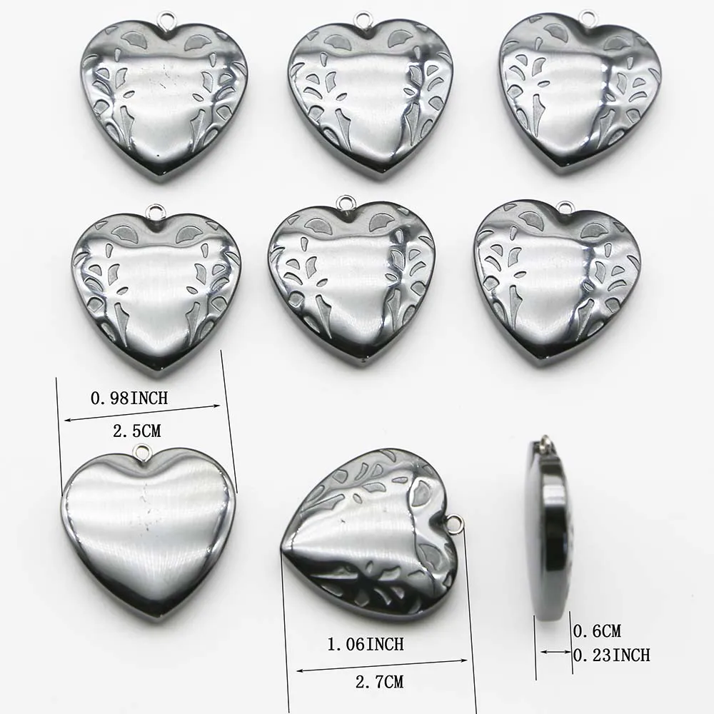 New Natural Hematite Black Gallstone Heart Shaped Carved Necklace Pendant Exquisite Fashion Charms Jewelry Gifts Wholesale 24Pcs