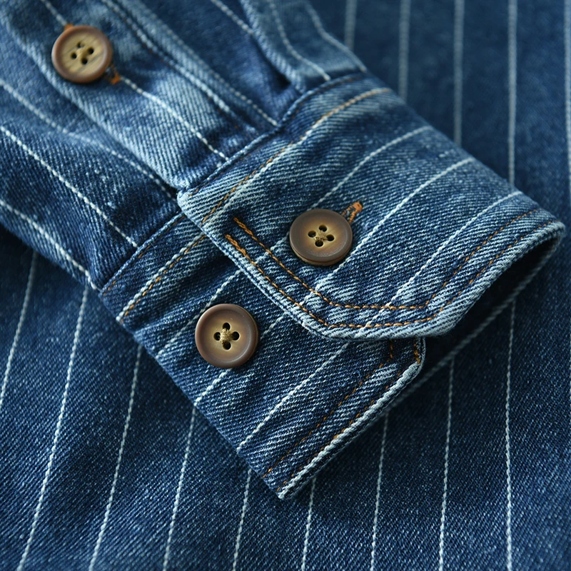 Denim Shirt Long Sleeved Shirt Classic retro striped denim shirt for men long sleeves washed loose blue trend plus size men's shirt tide