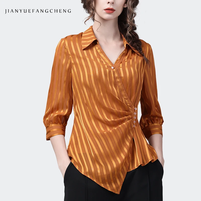 

Fashion Womens Asymmetrical Orange Stripe Shirt 2024 Spring Summer Three Quarter Sleeve Chiffon Tops Casual Working Blouses