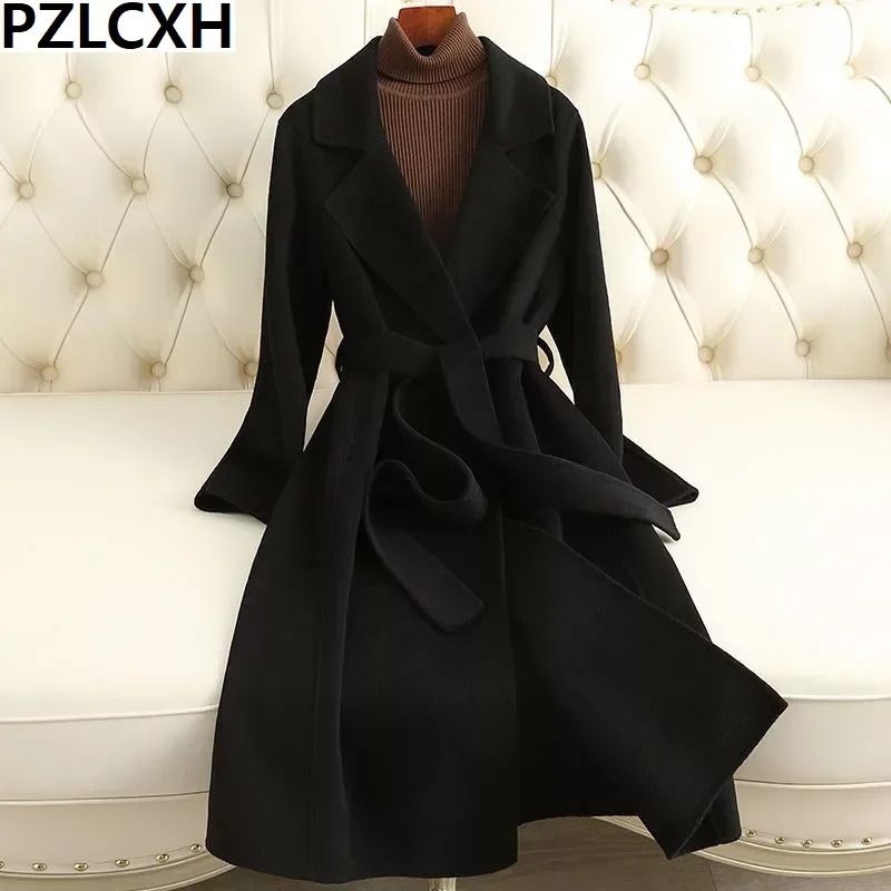 2023 New French Lazy Style Warm Female Fresh Winter Classical Belt Retro Loose Women Woolen Coats Fashion Chic Casual Long Coat