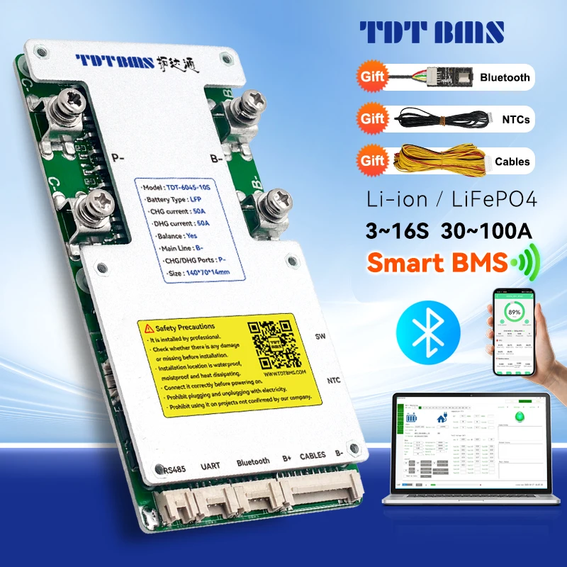 TDT Smart BMS 3s 4s 12v 7s 8s 24v 10s 36v 30a 40a 50a 60a 80a 100a lifepo4 Liion с балансом BT 4 NTCs