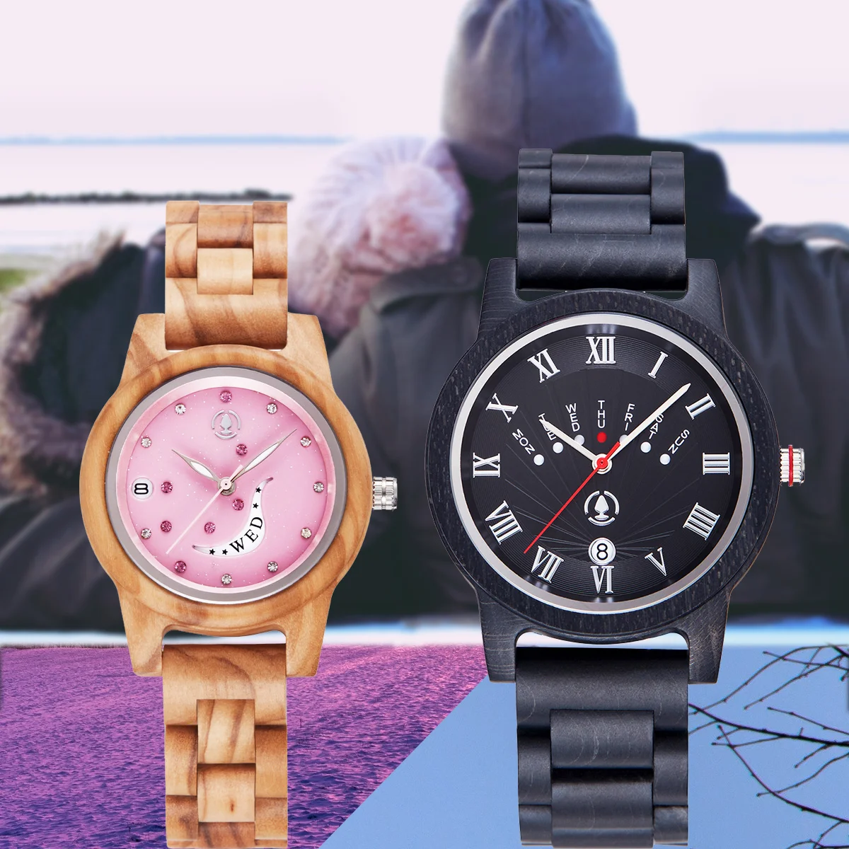 

2PCS Wood Couple Wrist Watch for Man Woman Packed in Wooden Boxes Wooden Quartz Watches Halloween Gifts for Husband and Wife