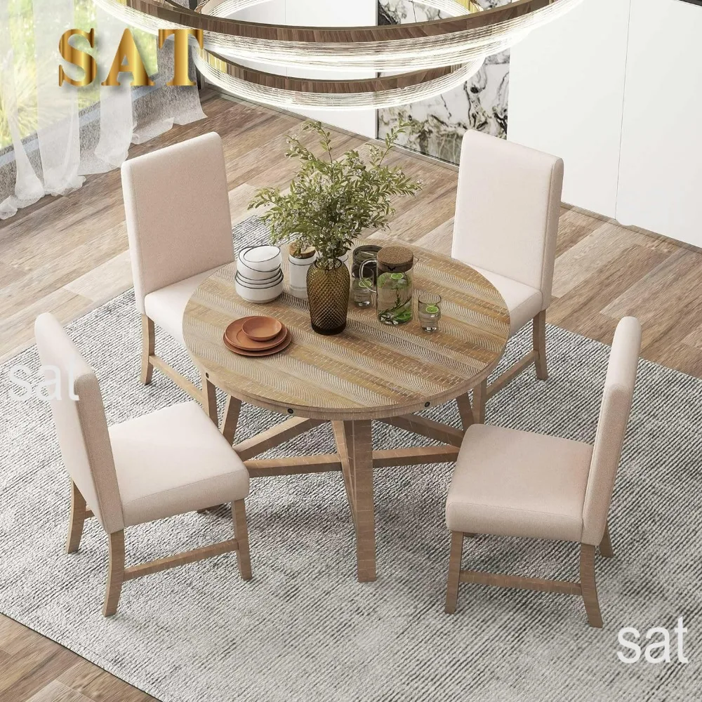 5-Piece Retro Dining Set, Table Set for 4 with Round Table and Removable Middle Leaf, including 4 Chairs, Kitchen Table Sets