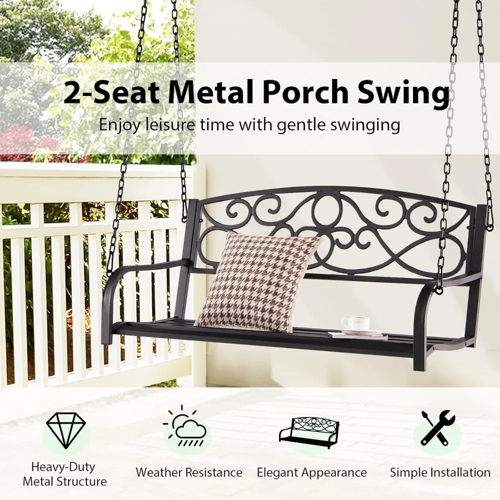 Metal Porch Swings 2 Person Outdoor Hanging Garden Bench, Wide Seat & Curved Armrests, 485 Lbs Weight, Patio Swings 3