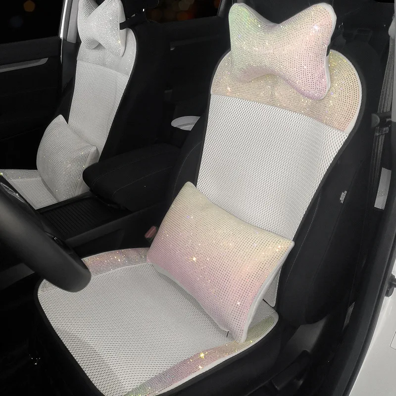 

White Rhinestones Ice Silk Four Seasons Universal Car Seat Cushion Cover Car Interior Accessories Car Seat Covers Full Set