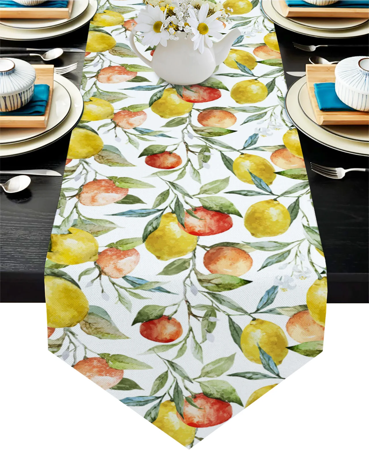 Grapefruit Lemon Leaves Watercolor Painting Table Runner Home Decor