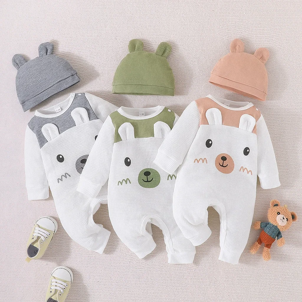 Baby Rompers Unisex Boy Girl Newborn 0-18 Months Toddler Clothing Infant Long Sleeve Cartoon Cute Bear Ears Hat Jumpsuit