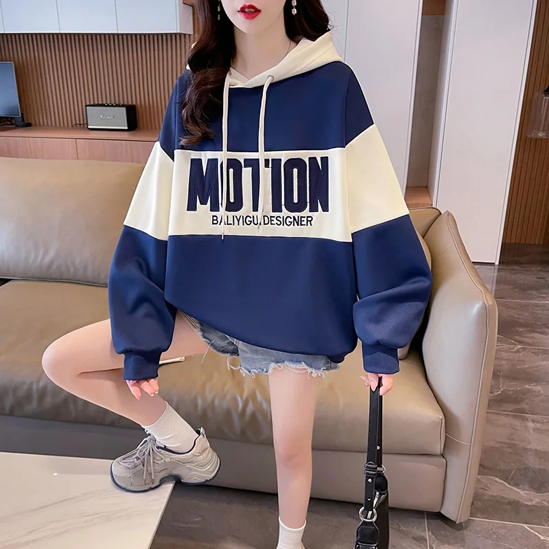 

MOTION-Women's Letter Print Hoodies, Fleece, Oversized, Korean Style, Hooded Sweatshirts for Girls, Casual Pullovers, Autumn