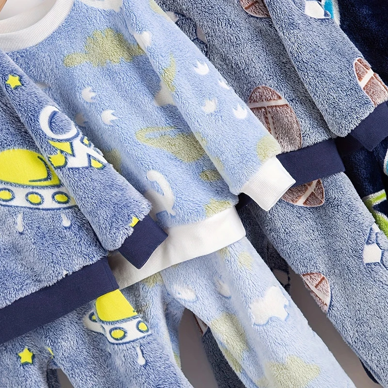 2 pieces/set boys winter plush night fluorescent warm pajamas - Uniqwear