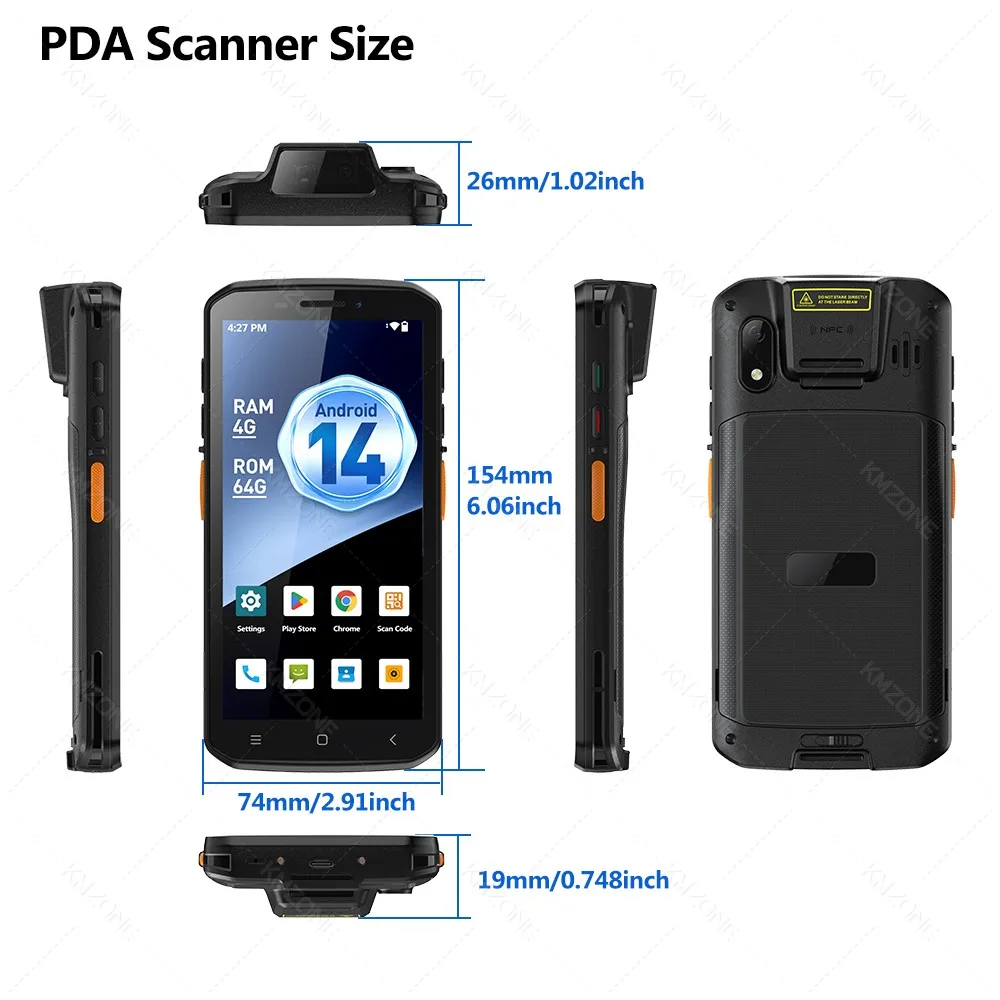 4G 안드로이드 14 PDA 터미널 Wifi 블루투스 바코드 스캐너 2D 1D QR 스캔 장치 견고한 데이터 수집기 ??5000mAh 4G64G