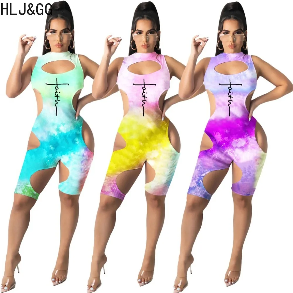 

HLJ&GG Sexy Tie Dye Printing Hollow Bodycon Rompers Women Round Neck Sleeveless Slim Jumpsuits Female Lady Skinny Shorts Overall