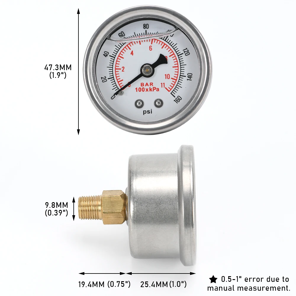 VR-Fuel Pressure Gauge Liquid 0-100 psi / 0-160psi Oil Pressure Gauge Fuel Black / white Face VR-OG33