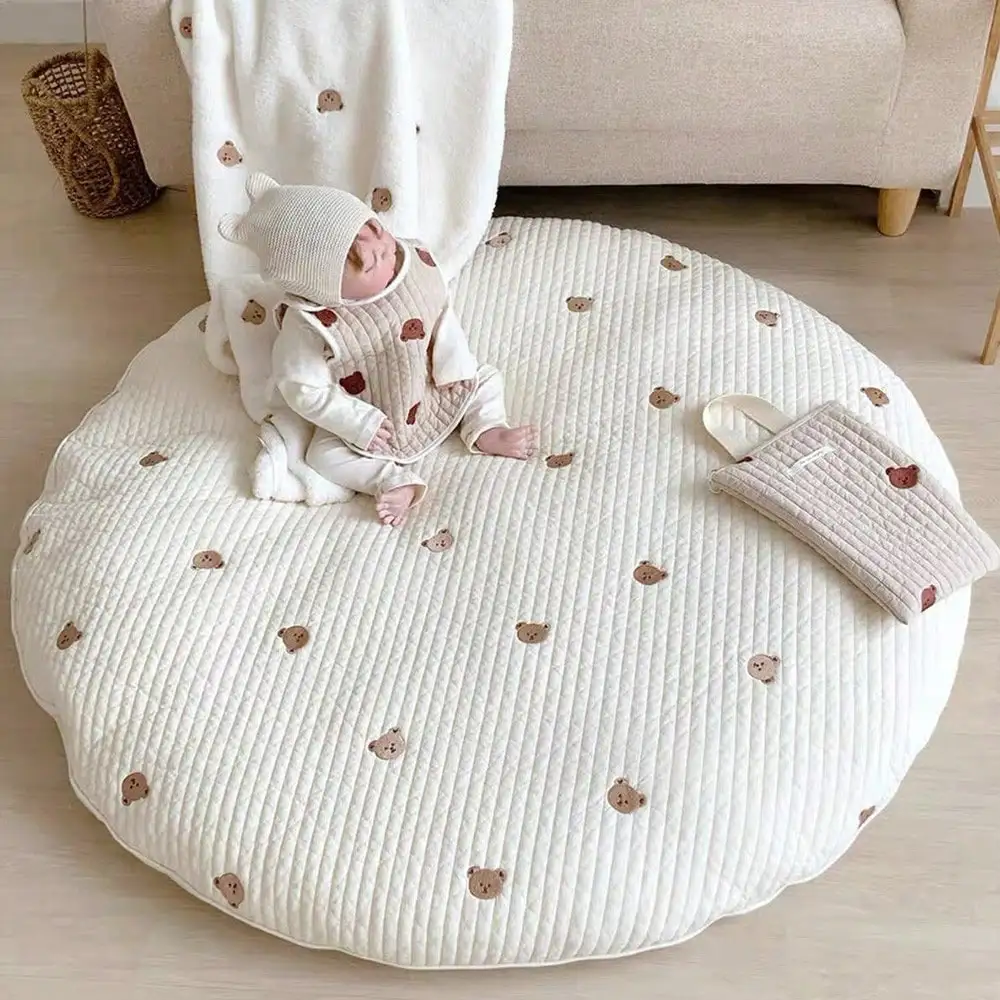 1PCS Cute Round Crawling Mat Bear Embroidered Baby Play Mat Cotton Baby Sleeping Mattress Carpet