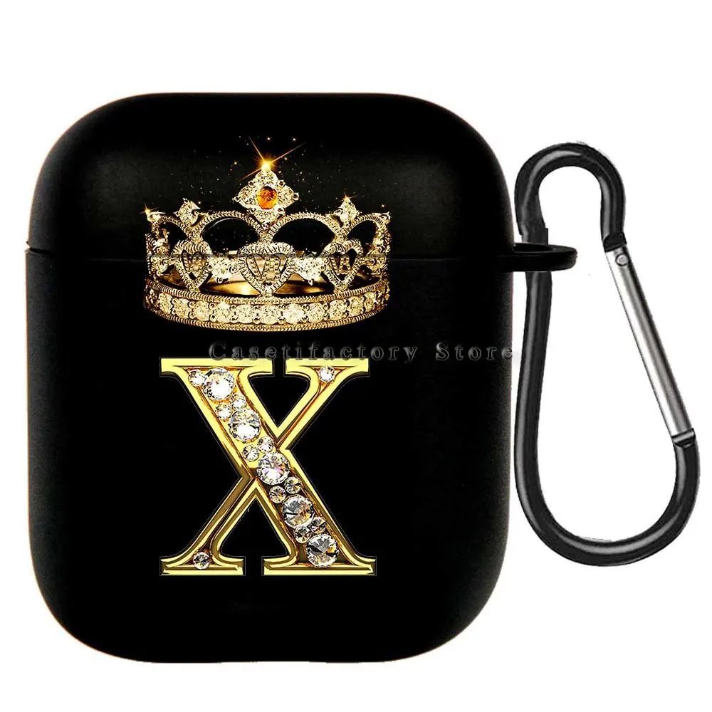 Elegant Diamond Crown Initial AirPods Case - Black Wireless Bluetooth Earphone Cover
