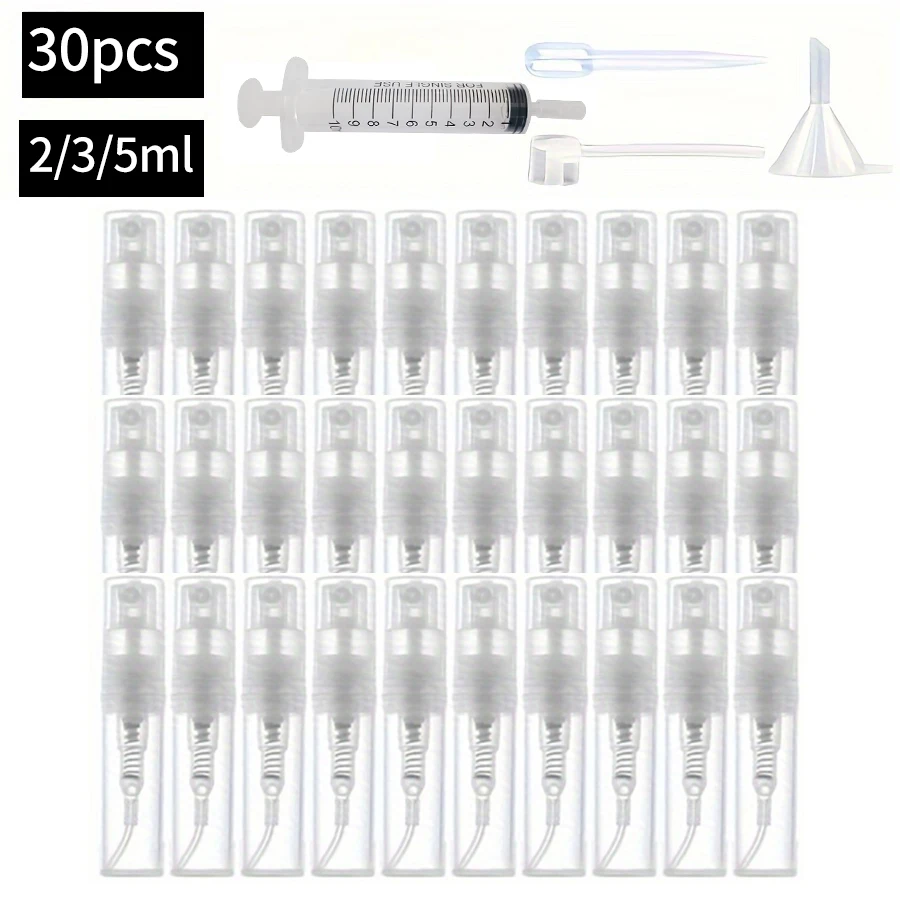 30pcs+4 Accessories 2/3/5ml Clear Plastic Spray Bottle Contains 30 Spray Bottles 1 Pipette 1 Funnel Dispenser Syringe