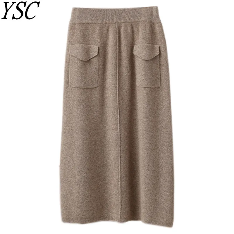 

YSC 2023 New style Women Knitted 100% pure wool Half length skirt Solid color Double pocket decoration high quality skirt