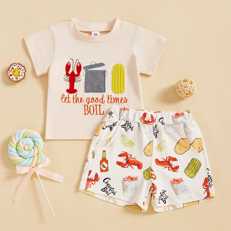 2024-12-10 Lioraitiin Kids Boys Summer Outfit Short Sleeve Crew Neck Embroidery T-shirt with Lobster Print Shorts Clothing Set 1