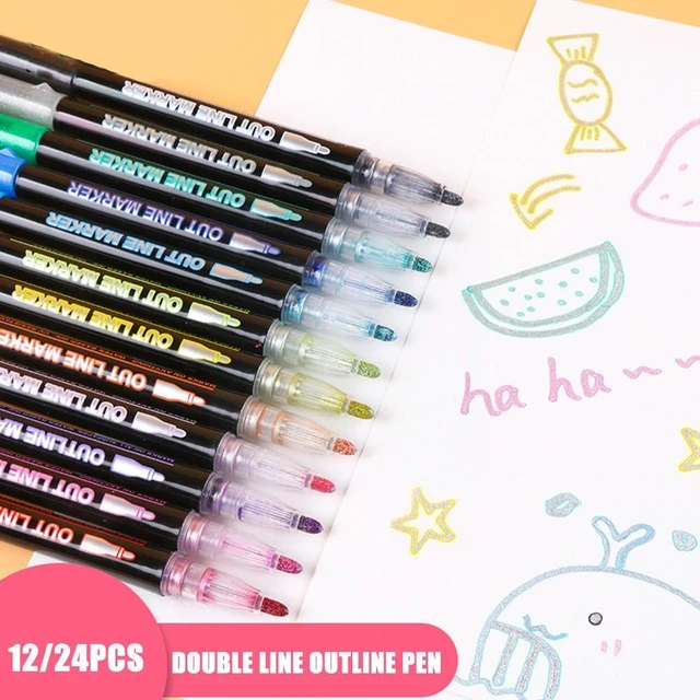 Double Line Pens Metallic Color Pen  Supersquiggles Outline Marker - 12  Colors - Aliexpress