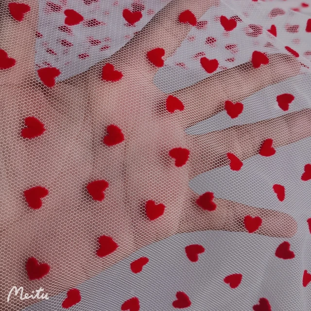 90cm Long 8mm Flocking Red Heart White Tulle Mesh Guipure Lace