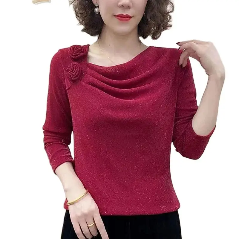 

2024 New Fashion Western Style Slim Joker Blouse Women Autumn And Winter High-End Mesh Pleated Bottoming Shirt Female
