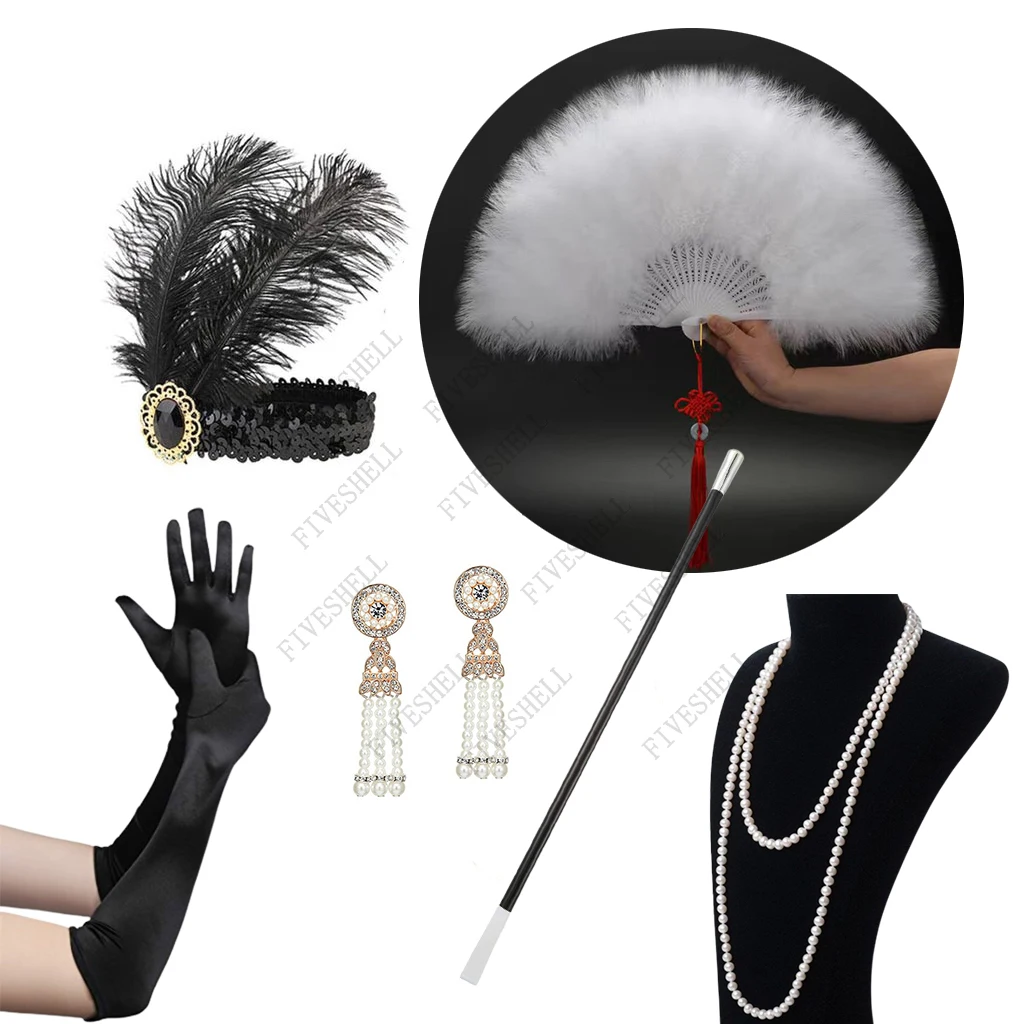 

1920s Women Vintage Flapper Gatsby Costume Accessories Set 20s Headband Pearl Necklace Gloves Cigarette Holder Anime Earring Set