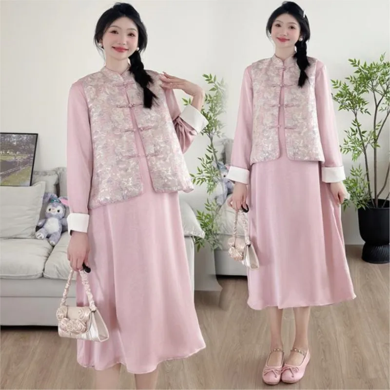 Pregnant Women's New Chinese Style Vest Dress Suit Maternity Mid Long Skirt Autumn 2-piece Suit Maternity Long Sleeve DressLH025