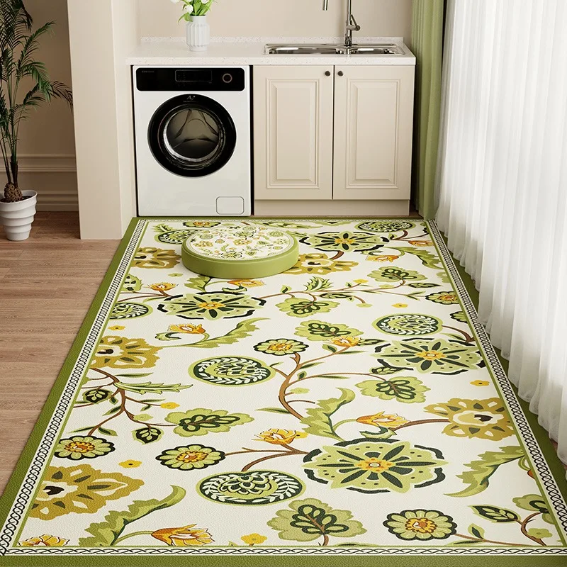 Green American Kitchen Floor Mat PVC Large Area Waterproof Oil-proof Leather Carpet Modern Floral Balcony Rugs Tapete De Cozinha