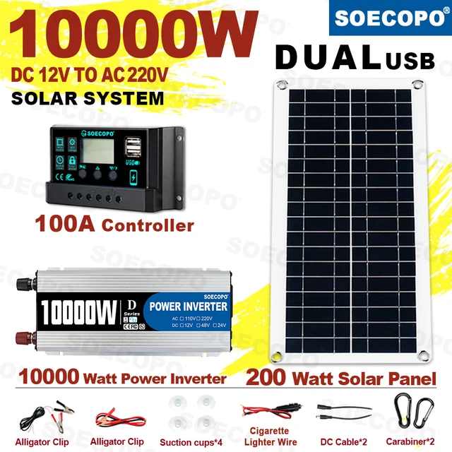 Système solaire 10000W, Kit complet 12V à 220V, contrôleur 100a, panneau 200W, générateur d'énergie solaire pour maison/Camping, batterie de secours 1