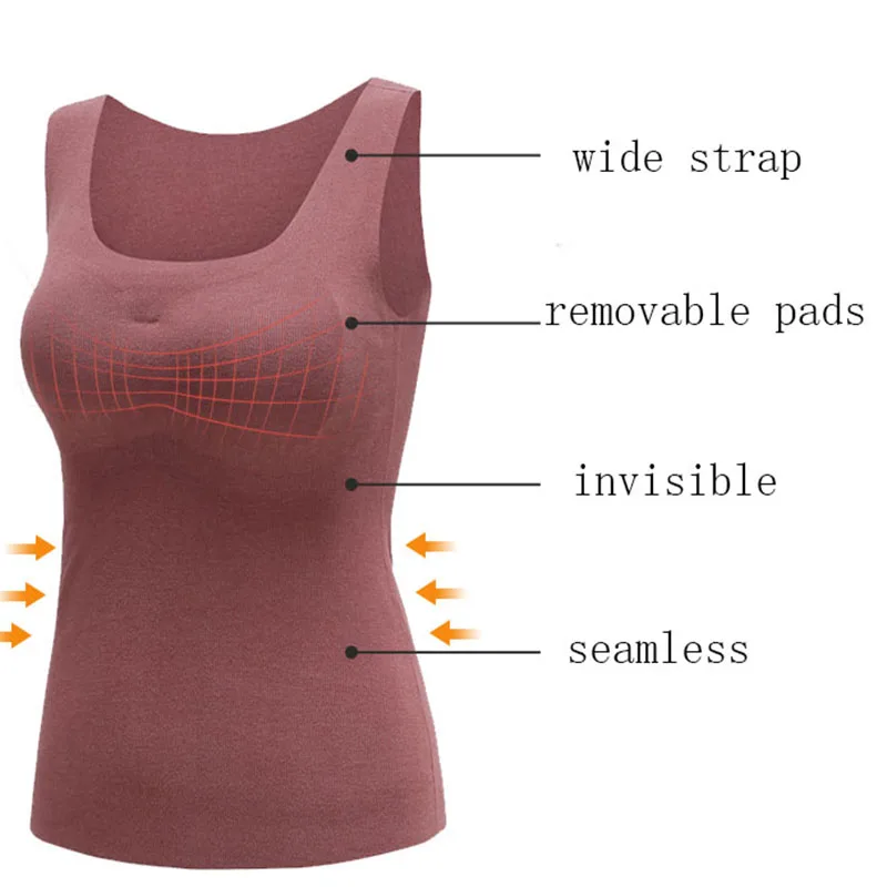 Thermal Underwear Women Winter Padded Bra Warm Vest Removable Inserts Sleeveless Seamless Tops O Neck Invisible Clothes