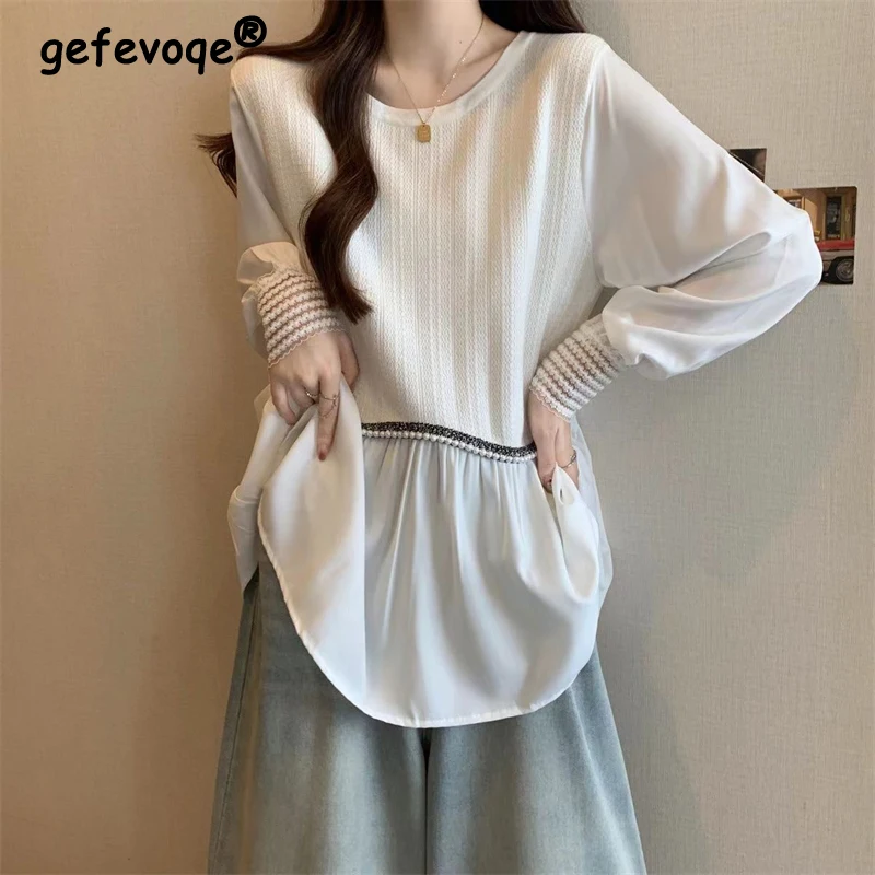 Women Clothing 2024 Spring Autumn Korean Style Beading Patchwork Chic Blouses Female Casual Street O Neck Long Sleeve Loose Tops