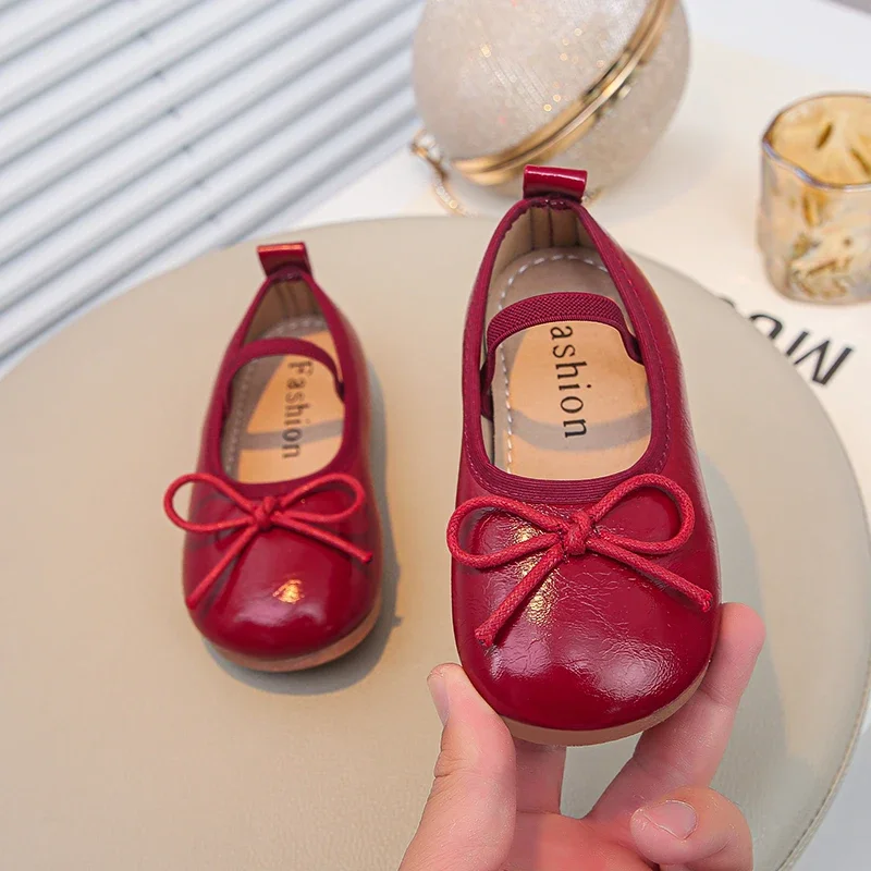 Leather Kids Ballet Shoes Wine Red Classic Bowknot