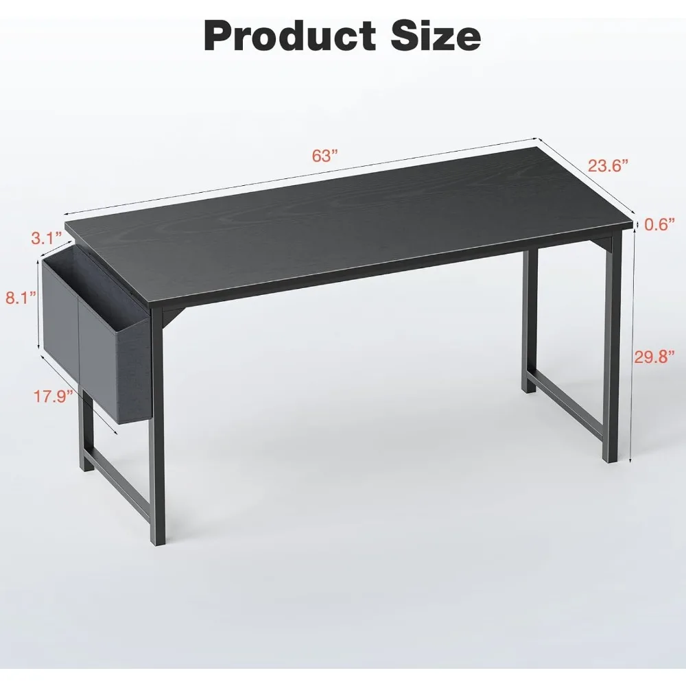 Computer Office Desk, 63 Inch Writing Work Study PC Wood Modern Desk with Storage Bag & Headphone Hook Simple Bedroom 3