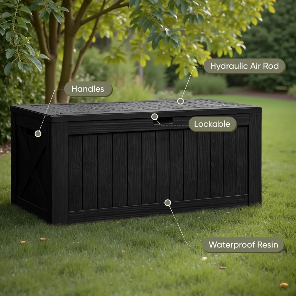 Resin Deck Box 120 Gallon Waterproof Large Deck Boxes Plus Outdoor Indoor Storage Box Imitation Wood Resin 2