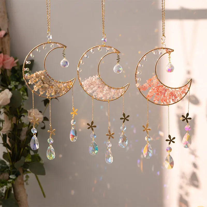 Pink Crystal Prisms Rainbow Maker Sun Catchers Natural Gravel Citrine Quartz Window Suncatcher Hanging Interior Room Decoration 2