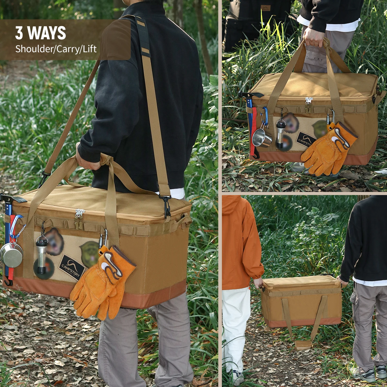 60L Large Camping Storage Bag Collapsible Cooking Trunk Organizer 600D Oxford Fabric, Waterproof Bottom Black//Khaki 5