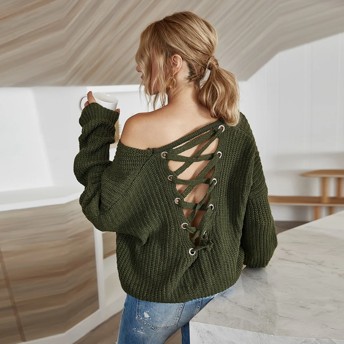 

Autumn Winter 2022 Sweater Women Fashion Bandage Long Sleeve Sexy Backless Sweater Pullover Office Lady Casual Crew Neck Sweater