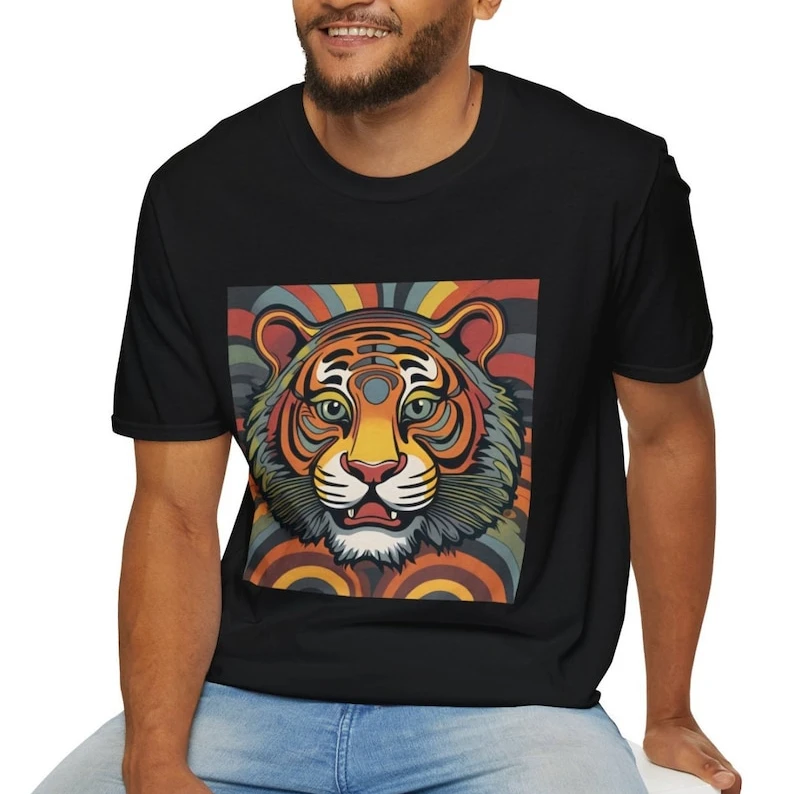 Футболка Groovy в психоделическом мягком стиле с тигром, кошкой, зоопарком, животными, африканским сафари, джунглями, подарок ему, ее подростковый питомец