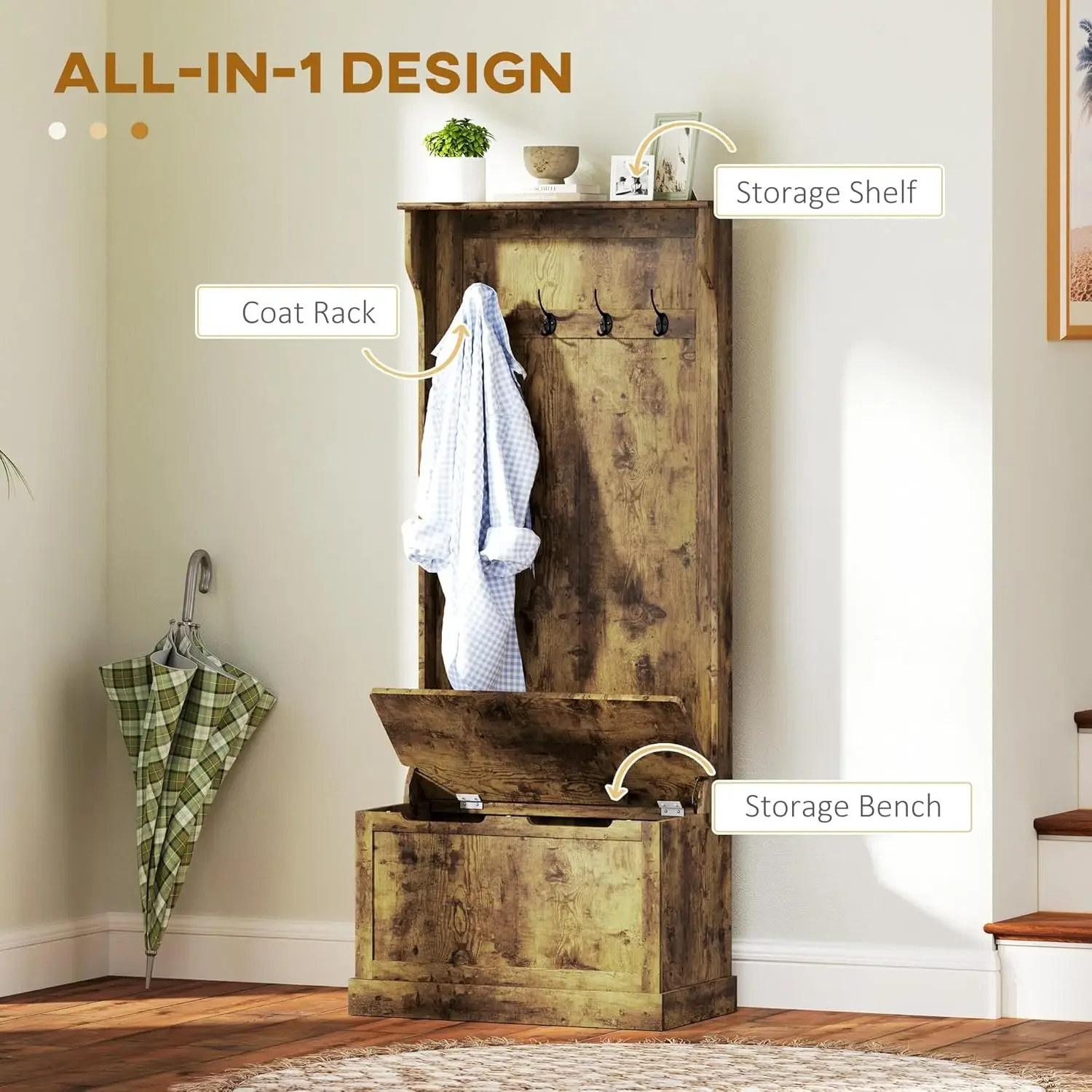 3-in-1 Hall Tree with Shoe Storage, Standing Coat Rack with Shoe Bench, Entryway Organizer with Four Hooks, Rustic Brown