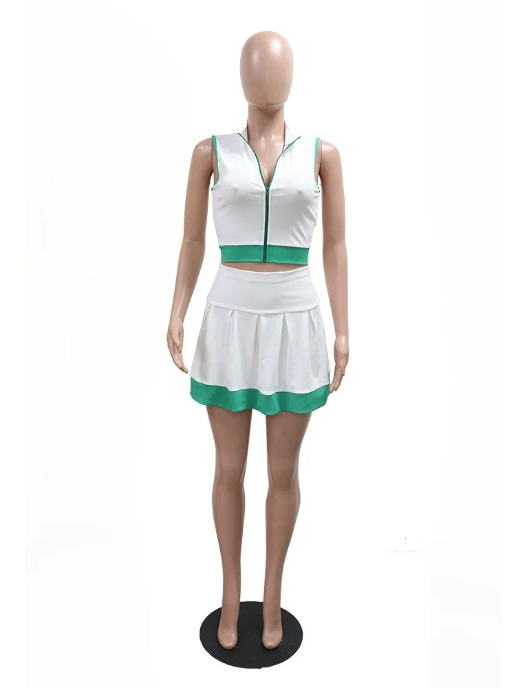 Wmstar Two Piece Sets Women  Sleeveless Zip Up Top with Short Skirt Set Patchwork Color Matching Suit New in Summer 2025