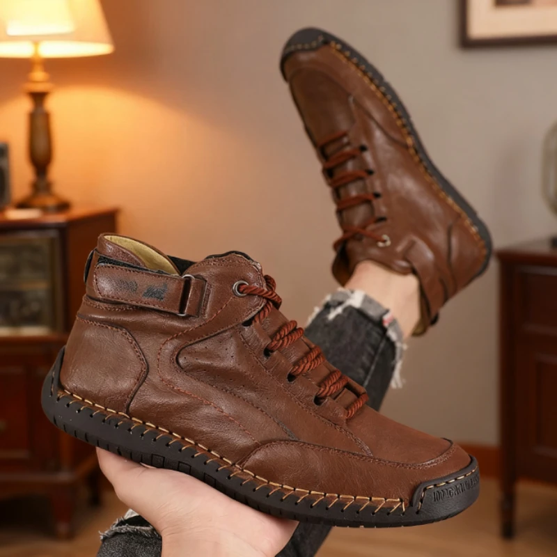 New 2025 Autumn Handmade Leather Men's Boots Design Sneakers Man Breathable Casual Softer Shoes Men Ankle Boots Outdoor Boats