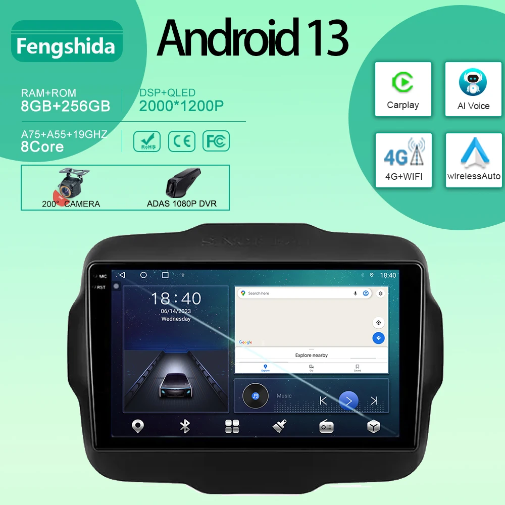 Auto Android Per Jeep Renegade 2014 - 2018 Radio Stereo Head Unit Lettore Multimediale Navigazione Gps Carplay Qled No 2Din Dvd