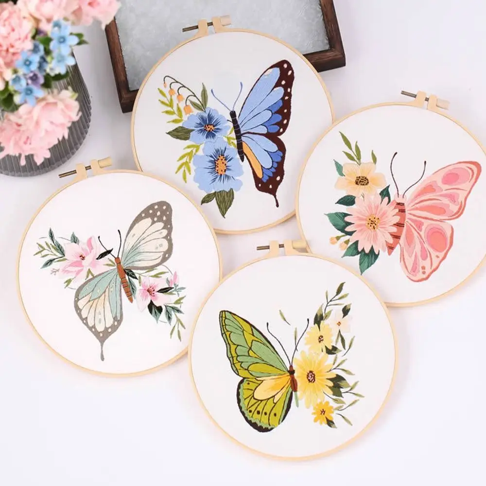 Butterfly DIY Embroidery Kits 3D Flower Landscape Embroidery Stitching Sets Hoop Art Needlework Cross Stitch
