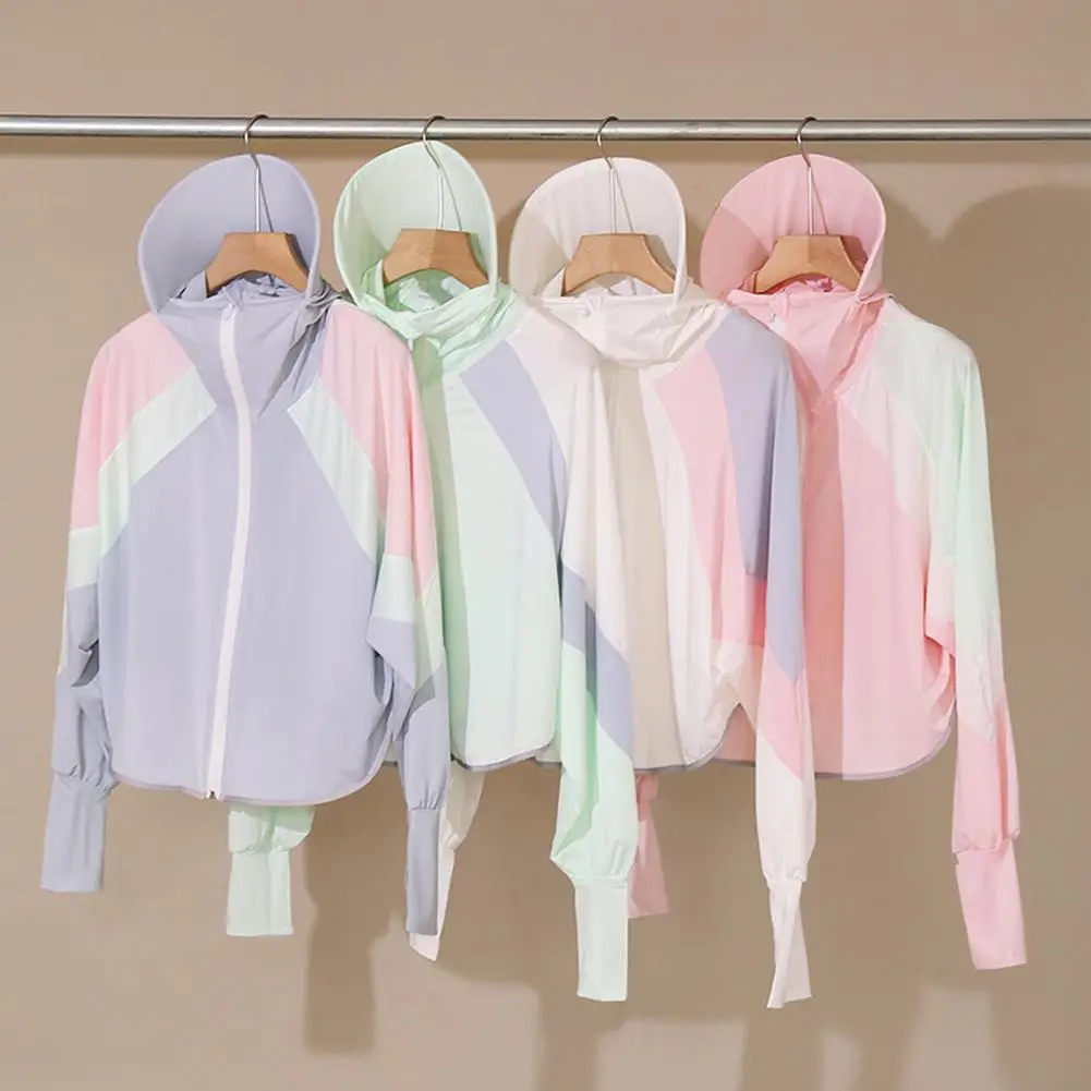 Women Sun Protective Clothing Summer Outdoor Breathable UV Protective Contrast Color Hooded Jacket For Hiking Camping Scooter