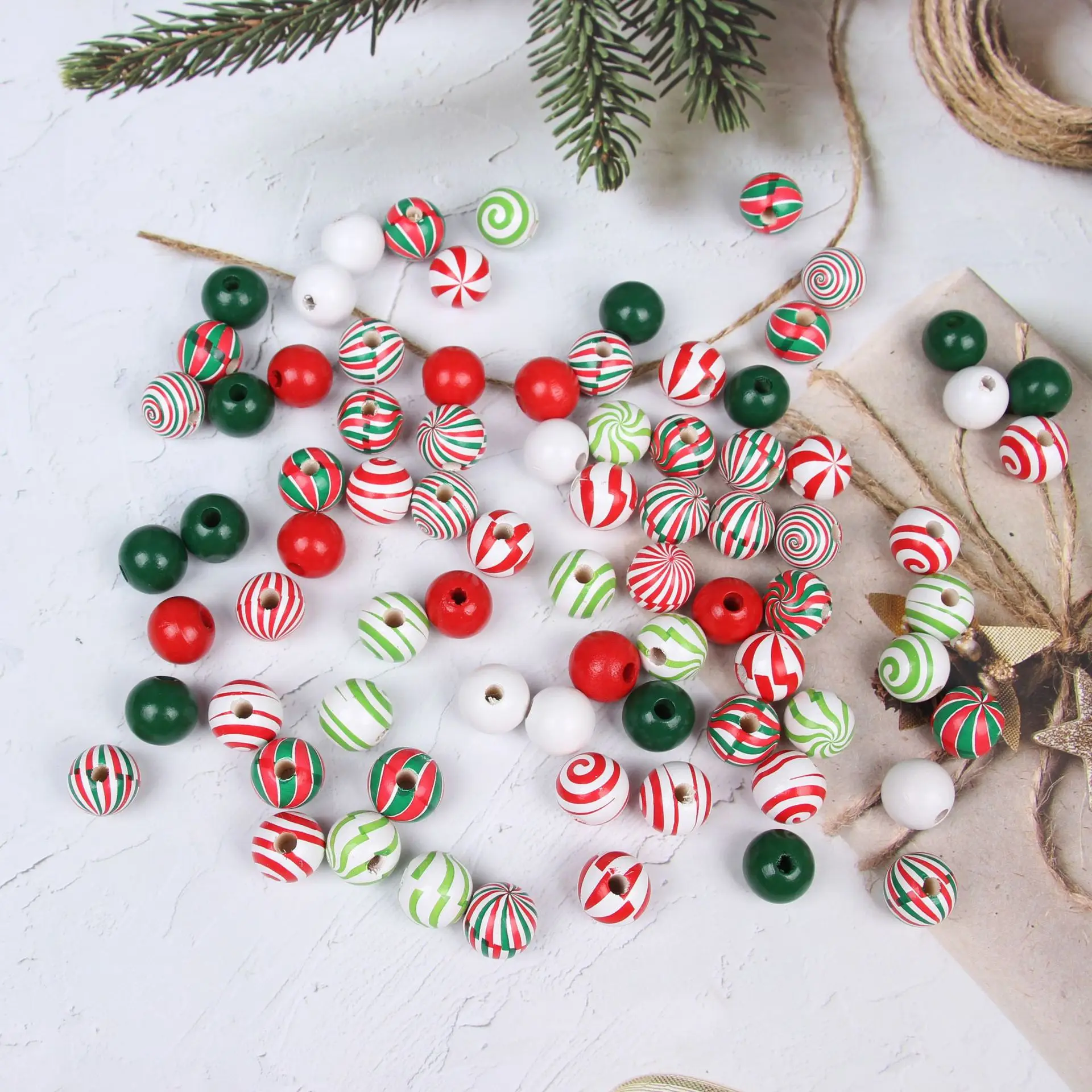Christmas wooden bead candy wooden bead spiral colorful holiday hemp rope DIY tassel Home accessories